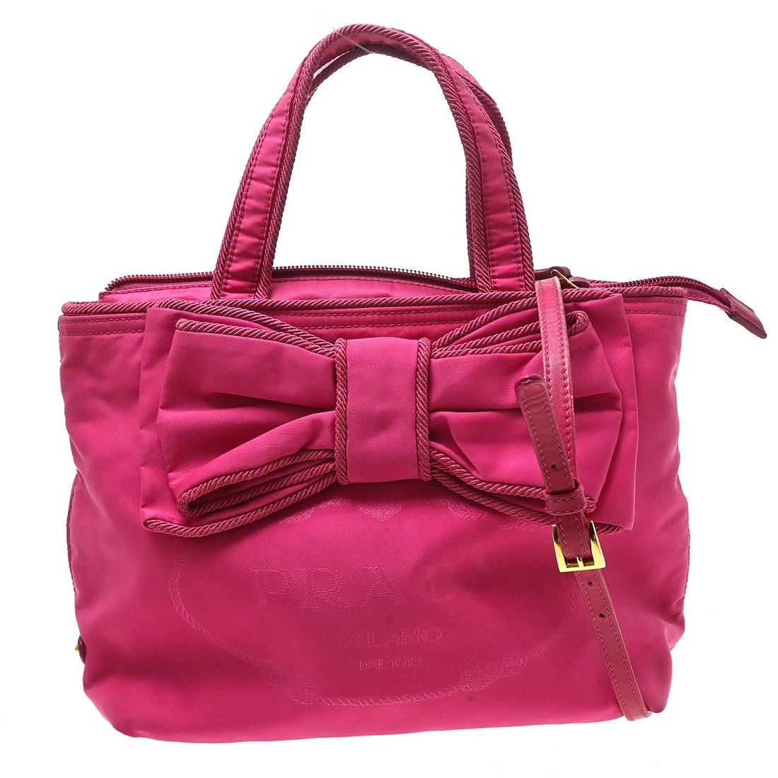 PRADA Nylon 2way Tote Handbag Pink with Shoulder Strap: PRADA Nylon 2way Tote Handbag Pink with Shoulder Strap Prada 2way tote handbag in pink nylon and leather, made in Italy. It features a medium size, a shoulder strap, and interior pockets including one
