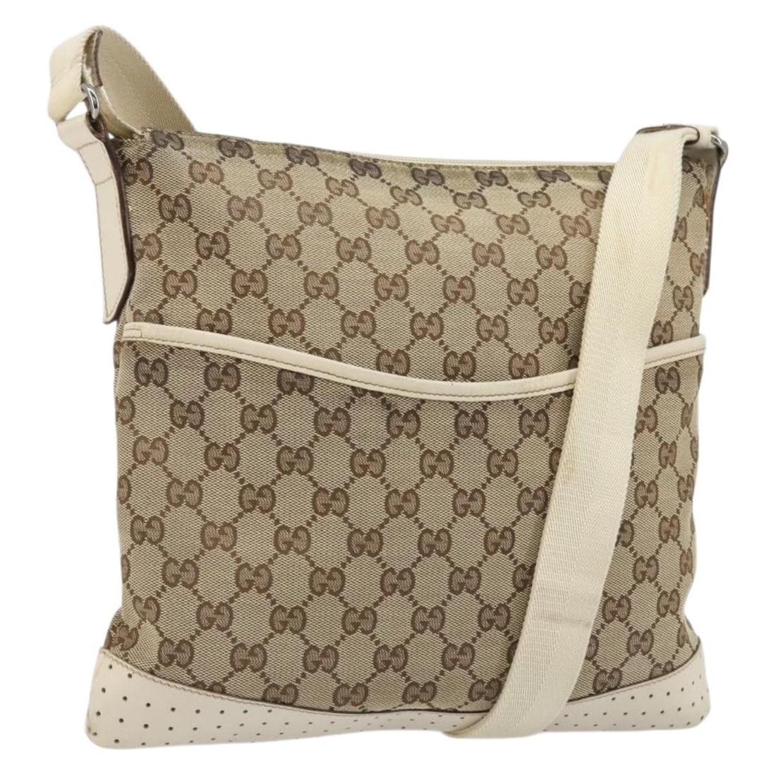 Gucci 145857 GG Canvas Shoulder Bag Beige Silver Tone Italy: Gucci 145857 GG Canvas Shoulder Bag Beige Silver Tone Italy A Gucci GG Canvas shoulder bag in beige and silver, made in Italy. It features GG canvas construction and a shoulder bag style. The item is 