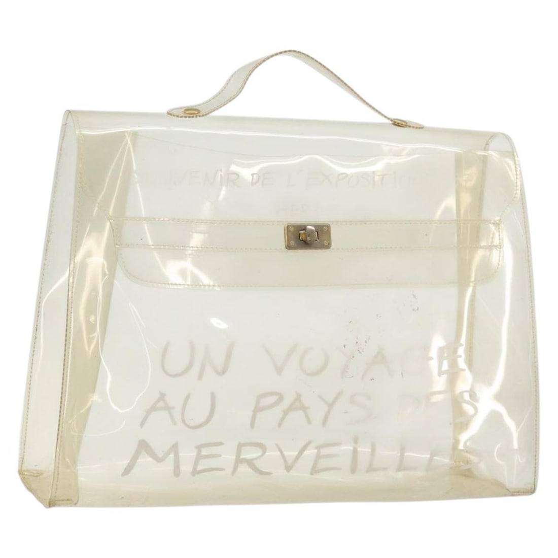 Hermes Kelly clear vinyl handbag 175855: Hermes Kelly clear vinyl handbag 175855 This Hermes Kelly hand bag is crafted from clear vinyl, offering a modern and distinctive look. Designed for women, it features a structured silhouette with a t