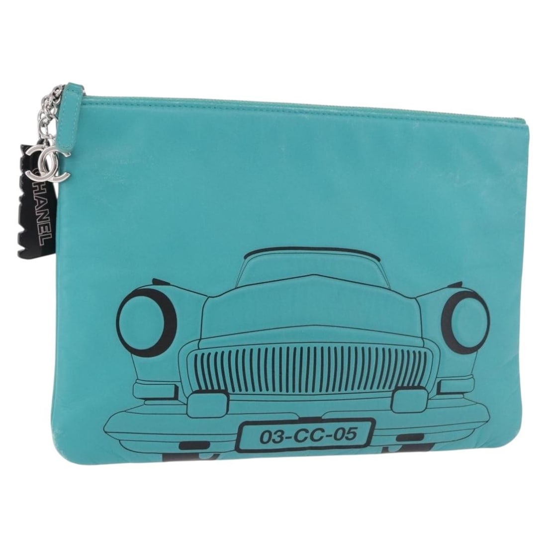 CHANEL Coco Lamb Skin Clutch Bag Turquoise Blue Silver Charm: CHANEL Coco Lamb Skin Clutch Bag Turquoise Blue Silver Charm A Chanel Coco Havana clutch bag in turquoise blue and silver, crafted from lamb skin. It comes with a charm accessory and was made in Italy