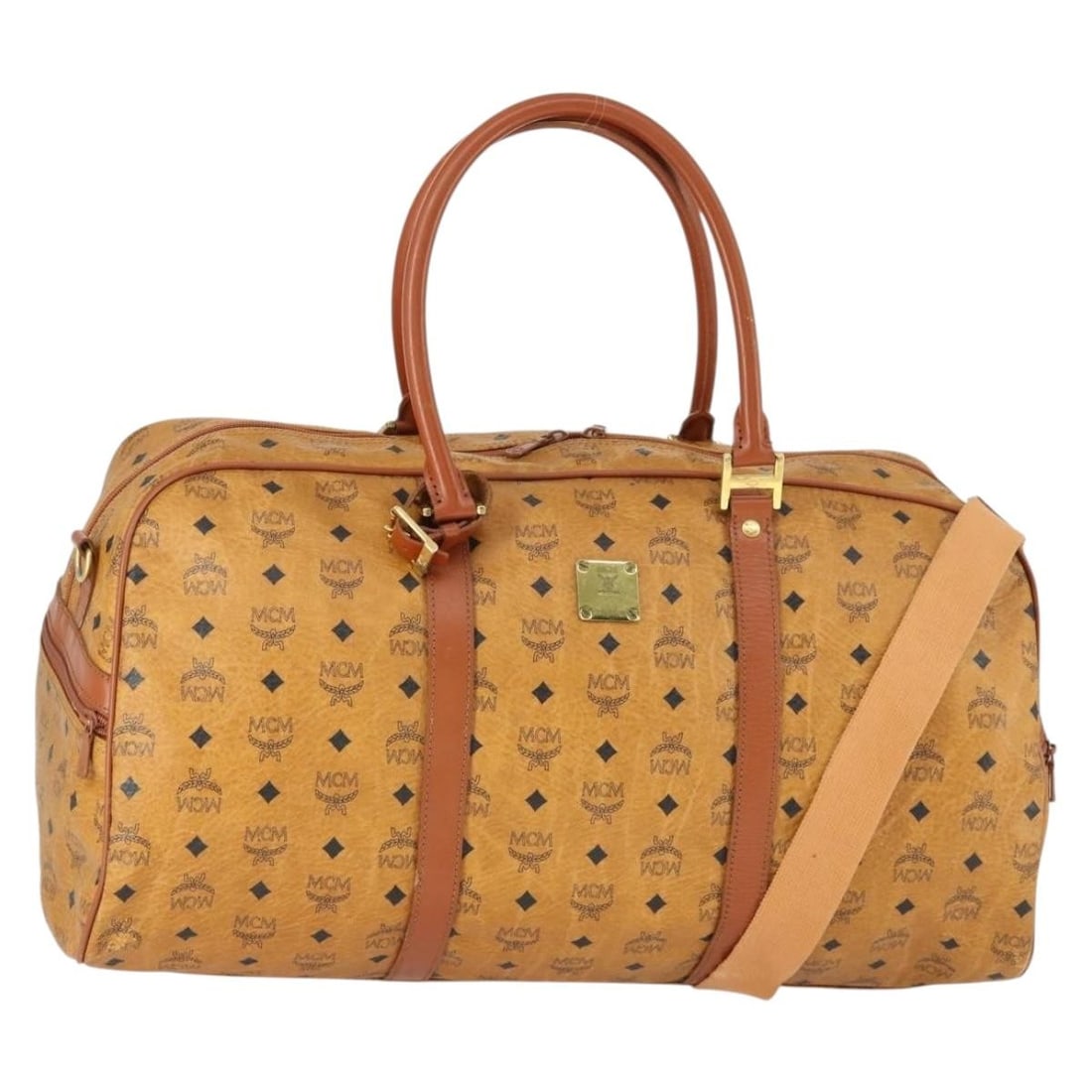 MCM Vicetos Logogram 2way Boston Bag Brown PVC Leather Germany: MCM Vicetos Logogram 2way Boston Bag Brown PVC Leather Germany MCM Boston bag in brown and gold PVC leather, designed for women and made in Germany. This 2-way bag includes a shoulder strap and featur