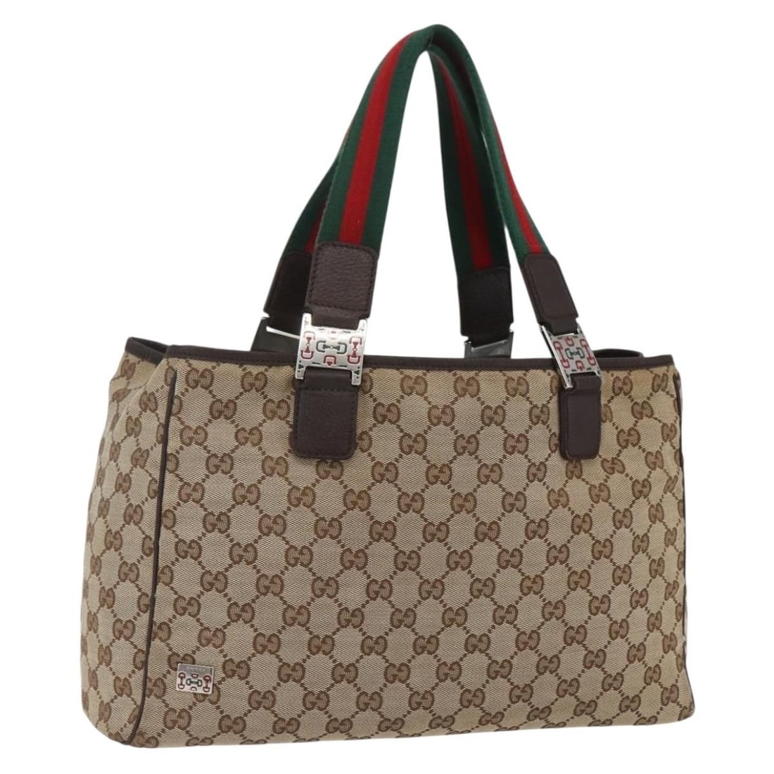 Beige Silver GG Canvas Web Tote by Gucci Model 145758 Italy: Beige Silver GG Canvas Web Tote by Gucci Model 145758 Italy This authentic Gucci GG Canvas Web Sherry Line tote bag features a beige and silver exterior crafted from signature GG canvas. The spacious 