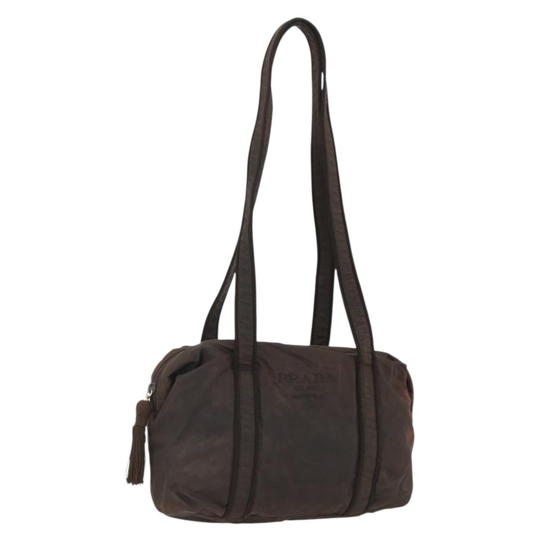 Brown Gold Nylon Prada Shoulder Bag with Guarantee Card: Brown Gold Nylon Prada Shoulder Bag with Guarantee Card This Prada shoulder bag crafted from nylon features a brown and gold color combination. It is made in Italy and includes a shoulder strap with a