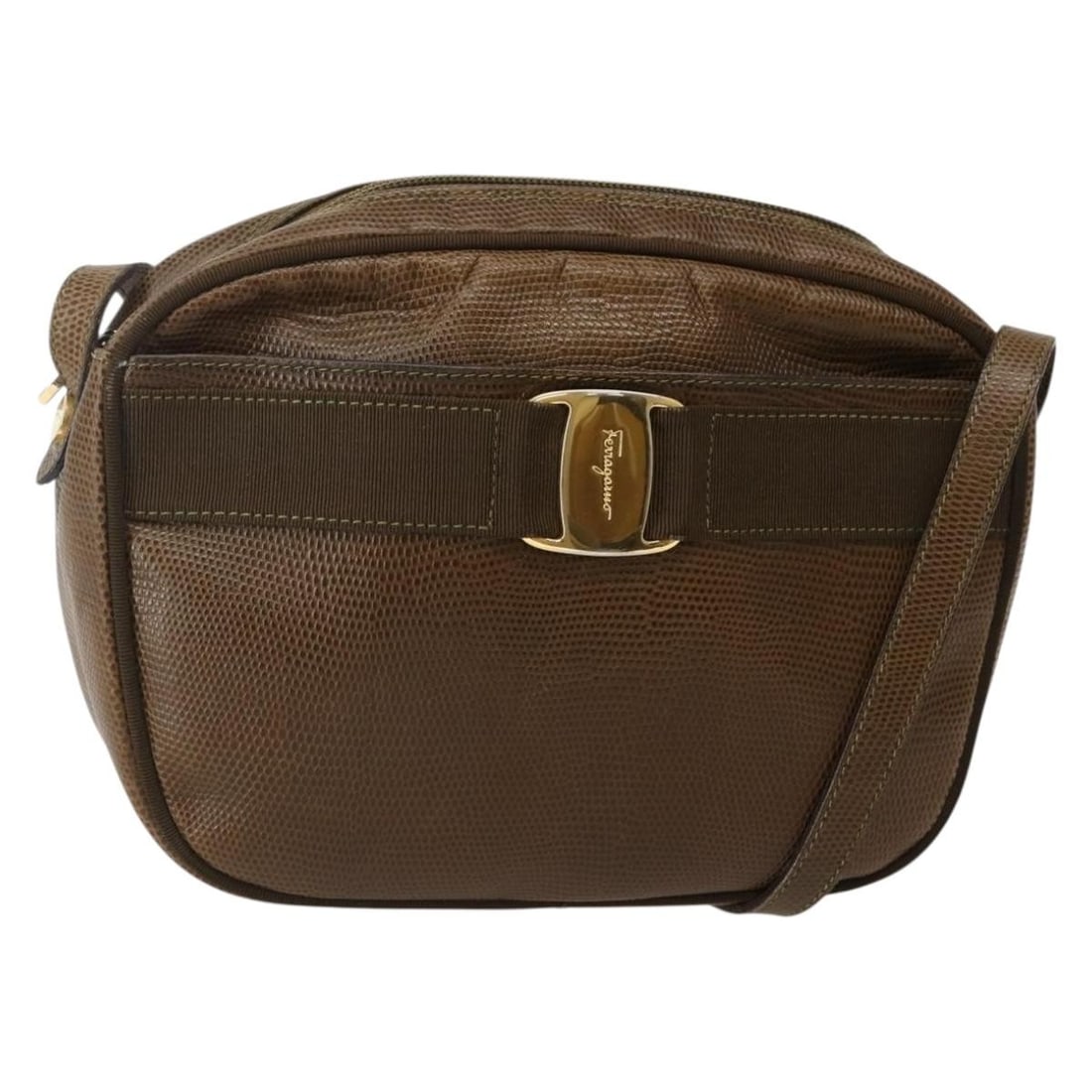 Salvatore Ferragamo Vala Shoulder Bag Embossed Leather Brown Gold Italy BA5847 (1 of 18)