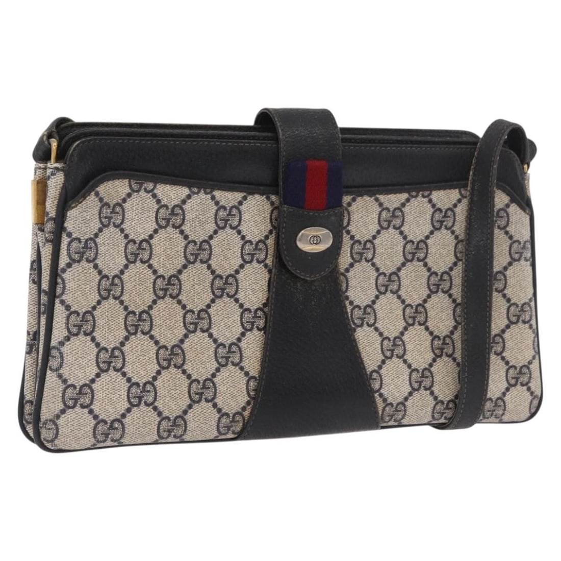 Gucci Sherry Line GG Supreme PVC Shoulder Bag Navy Gold 49 02 029: Gucci Sherry Line GG Supreme PVC Shoulder Bag Navy Gold 49 02 029 A Gucci Sherry Line shoulder bag in navy and gold, made from PVC leather and GG canvas. It features a shoulder strap and was made in I