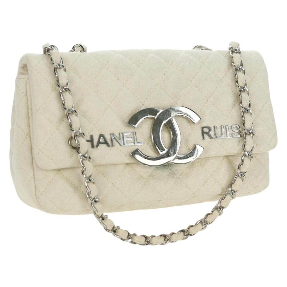 CHANEL Matelasse Canvas Shoulder Bag White Silver CC with Card: CHANEL Matelasse Canvas Shoulder Bag White Silver CC with Card This CHANEL Matelasse Chain Shoulder Bag is made of canvas in a white and silver colorway. It is a women's shoulder bag made in France an