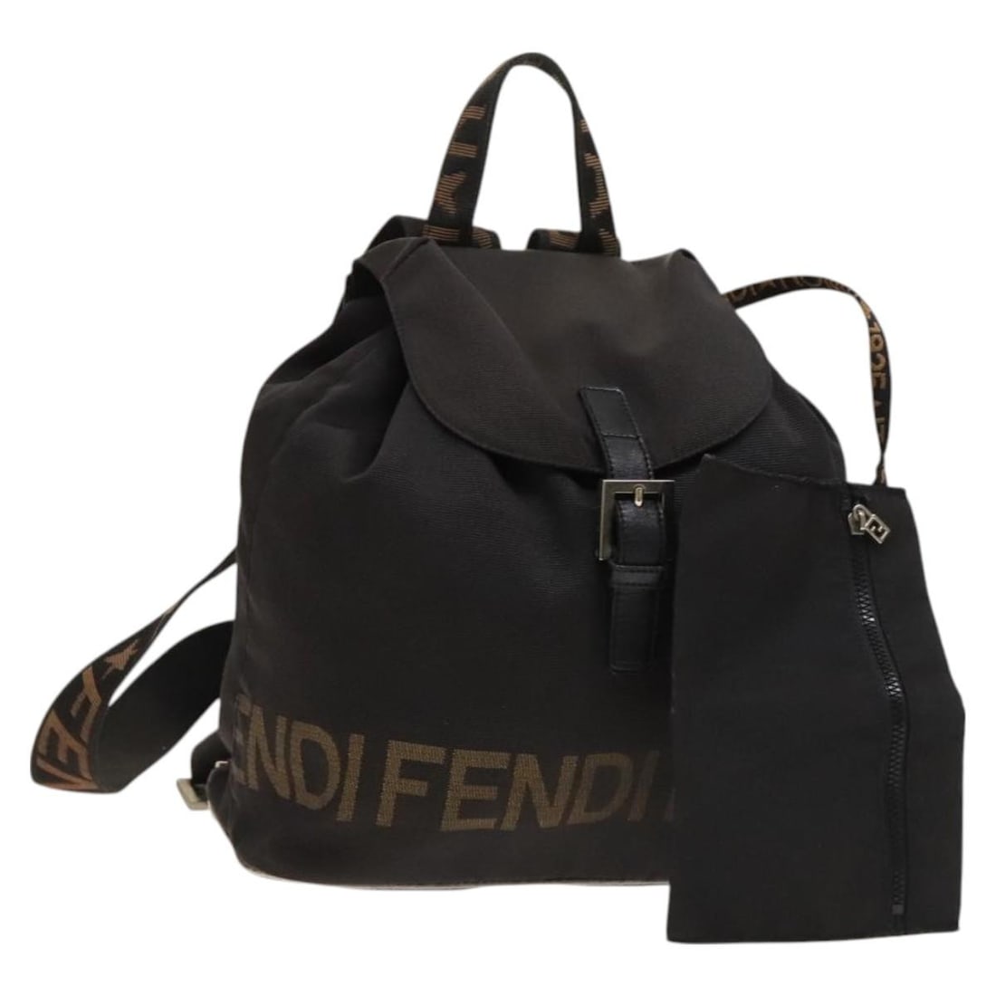 FENDI nylon black silver women s backpack with pouch: FENDI nylon black silver women s backpack with pouch This FENDI backpack features a black and silver nylon exterior and is designed for women. The bag is made in Italy and comes with a pouch accessory
