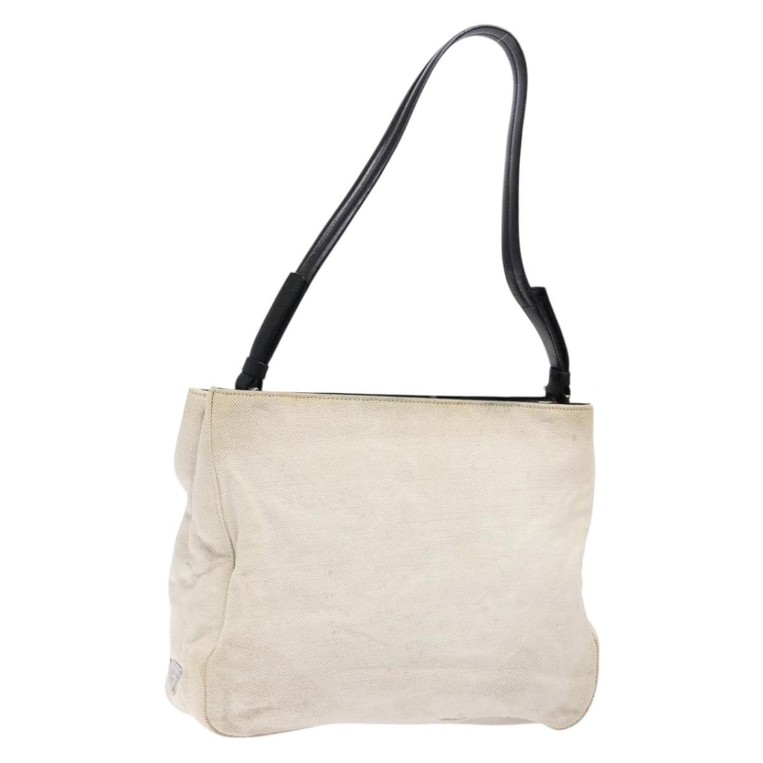 PRADA Silver White Canvas Shoulder Bag Made in Italy: PRADA Silver White Canvas Shoulder Bag Made in Italy This PRADA shoulder bag showcases a stylish combination of silver and white canvas material, making it an eye-catching accessory. With an approxima