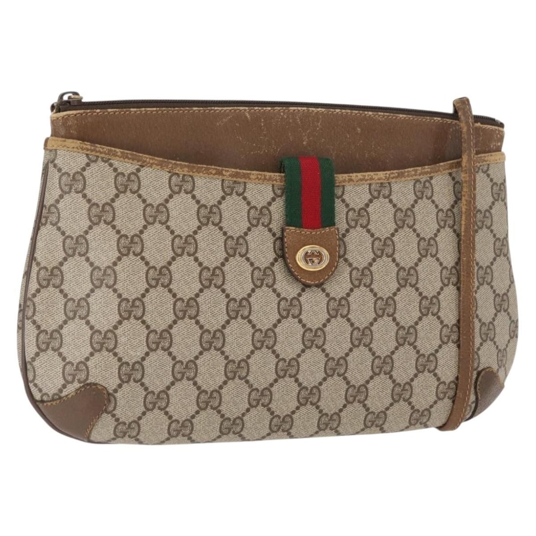 Beige PVC GG Supreme Web Sherry Line Shoulder Bag by Gucci 89 02 026: Beige PVC GG Supreme Web Sherry Line Shoulder Bag by Gucci 89 02 026 This GUCCI GG Supreme Web Sherry Line shoulder bag features beige PVC leather and GG canvas, highlighted by web detailing. The bag 