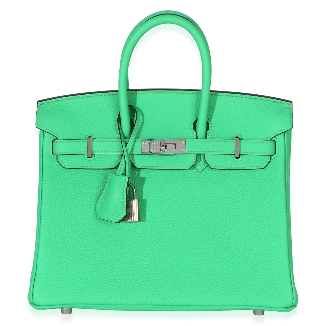 Hermes Birkin 25 Vert Comics Togo Leather Handbag Silver Tone: Hermes Birkin 25 Vert Comics Togo Leather Handbag Silver Tone A pre-owned Hermes Birkin 25 top handle handbag in green leather with a turnlock closure and silver-tone hardware. The bag features a leat