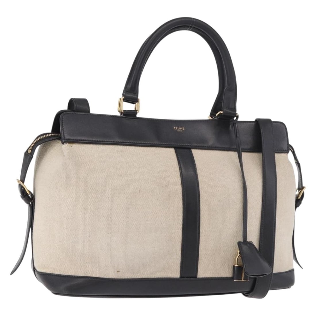 CELINE Cabas De France 2way Canvas Leather Handbag Beige Gold: CELINE Cabas De France 2way Canvas Leather Handbag Beige Gold CELINE Cabas De France handbag in beige and gold canvas with leather details. This 2-way style is made in Italy and comes with a padlock, 