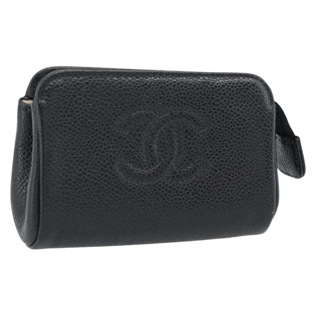 CHANEL Coco Mark Black Caviar Skin Pouch Gold CC: CHANEL Coco Mark Black Caviar Skin Pouch Gold CC Black Chanel Coco Mark pouch in grained calf skin with gold-tone CC detailing. This women's pouch shows heavy use, including loss of shape, rubbing, sl
