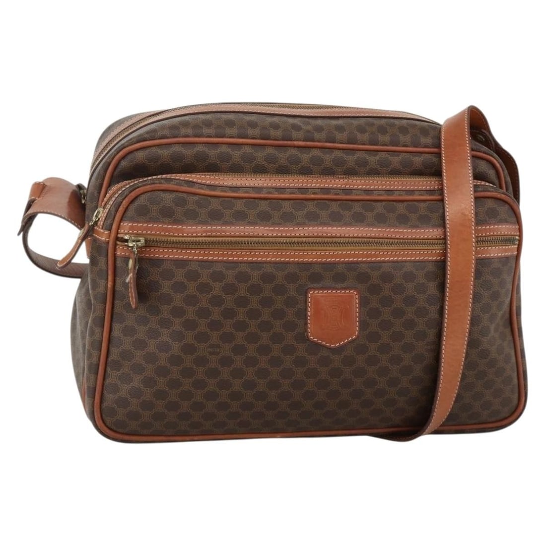 Celine Macadam PVC Leather Shoulder Bag Brown Gold Tone: Celine Macadam PVC Leather Shoulder Bag Brown Gold Tone A CELINE shoulder bag in brown and gold, made from PVC leather and Macadam canvas. It features a shoulder bag style, was made in Italy, and come
