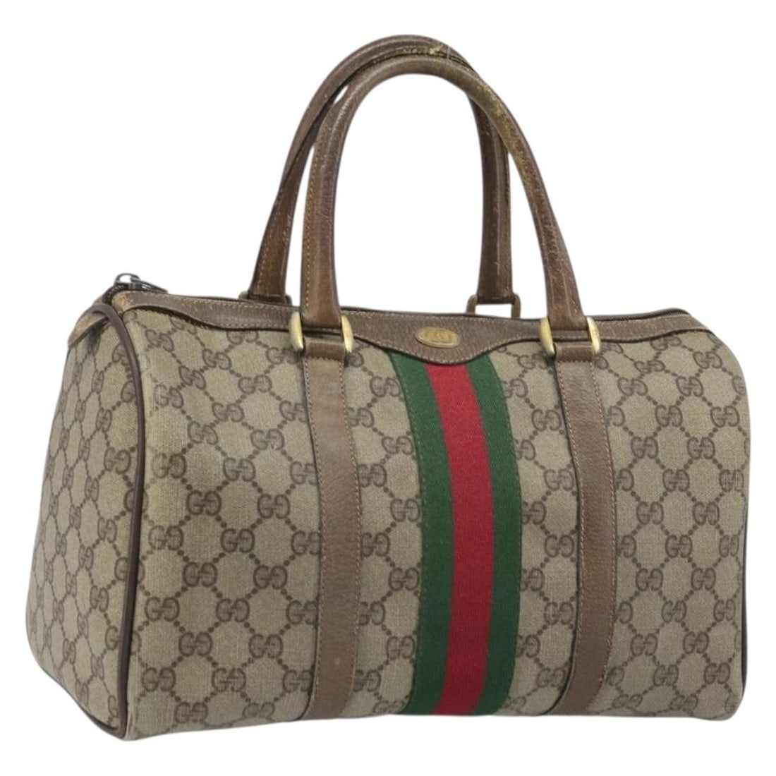 Gucci Boston Bag GG Supreme Web Sherry Line Beige PVC Leather Italy: Gucci Boston Bag GG Supreme Web Sherry Line Beige PVC Leather Italy This is a Gucci GG Supreme Web Sherry Line Boston Bag crafted from beige PVC leather with GG canvas accents and gold-tone details. D
