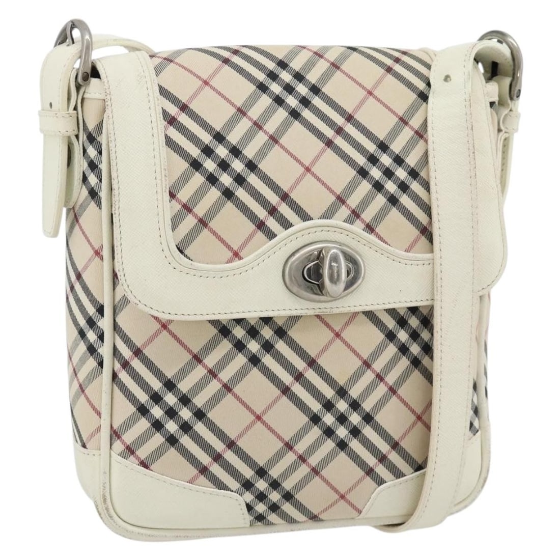 Burberry Nova Check Canvas Shoulder Bag Ivory Silver: Burberry Nova Check Canvas Shoulder Bag Ivory Silver Ivory and silver Burberry Nova Check shoulder bag in canvas with a shoulder strap. The bag is described as heavily used, with visible wear includin