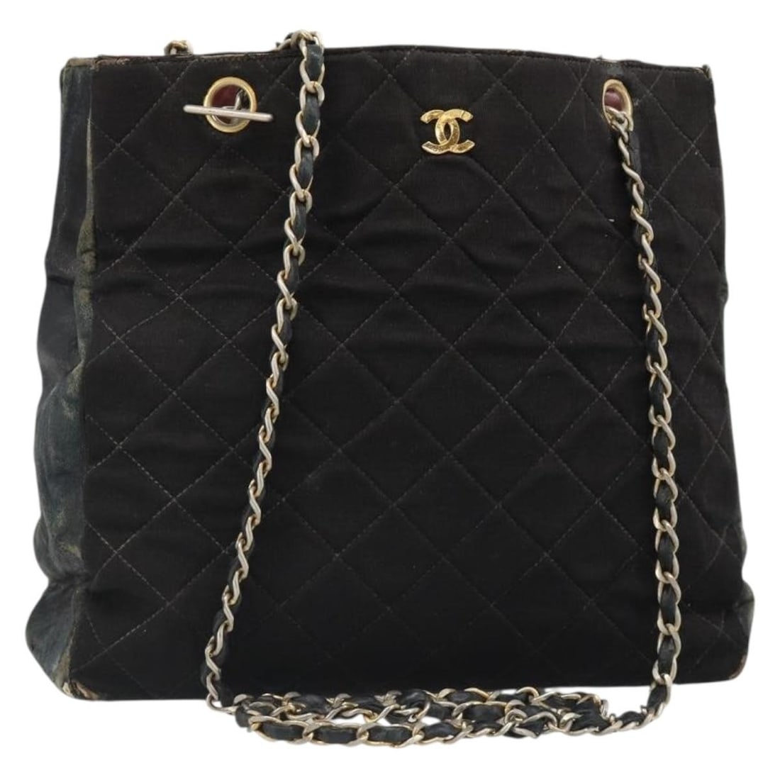 CHANEL CC Cotton Shoulder Bag Black with Gold Chain: CHANEL CC Cotton Shoulder Bag Black with Gold Chain A CHANEL shoulder bag in black and gold cotton, made in France. The bag features a shoulder strap with an approximate 16.1 inch (41 cm) drop and mea