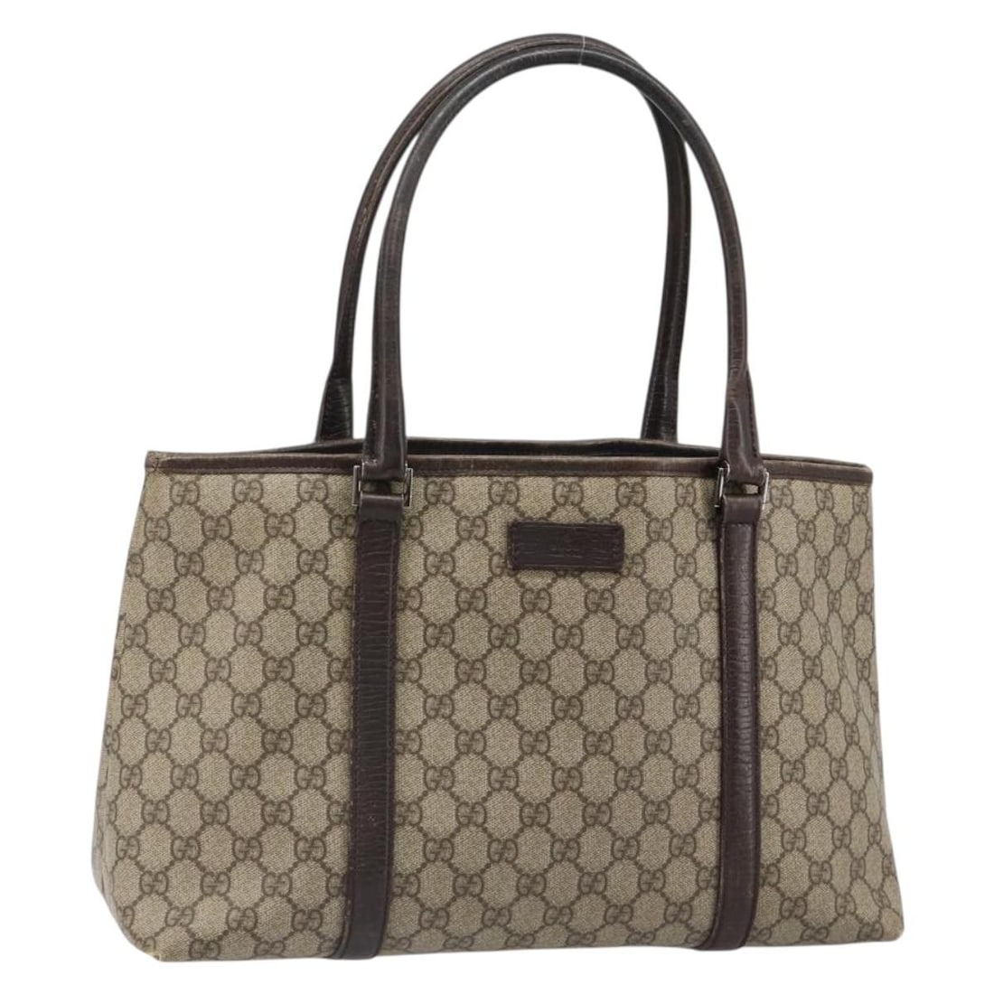 Gucci 114595 GG Supreme PVC Leather Tote Beige Silver: Gucci 114595 GG Supreme PVC Leather Tote Beige Silver Gucci GG Supreme tote bag in beige and silver, made from PVC leather and GG canvas. This Italy-made bag features a tote style with a handle drop o