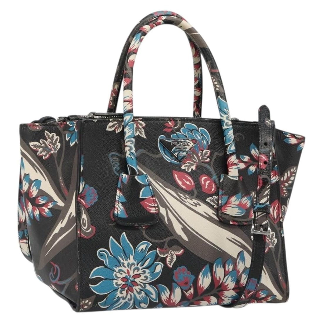 PRADA Saffiano Leather 2 Way Handbag Black Silver Tone Strap: PRADA Saffiano Leather 2 Way Handbag Black Silver Tone Strap PRADA hand bag in Saffiano leather, designed for women and made in Italy. It features a black and silver color combination, 2-way styling, 