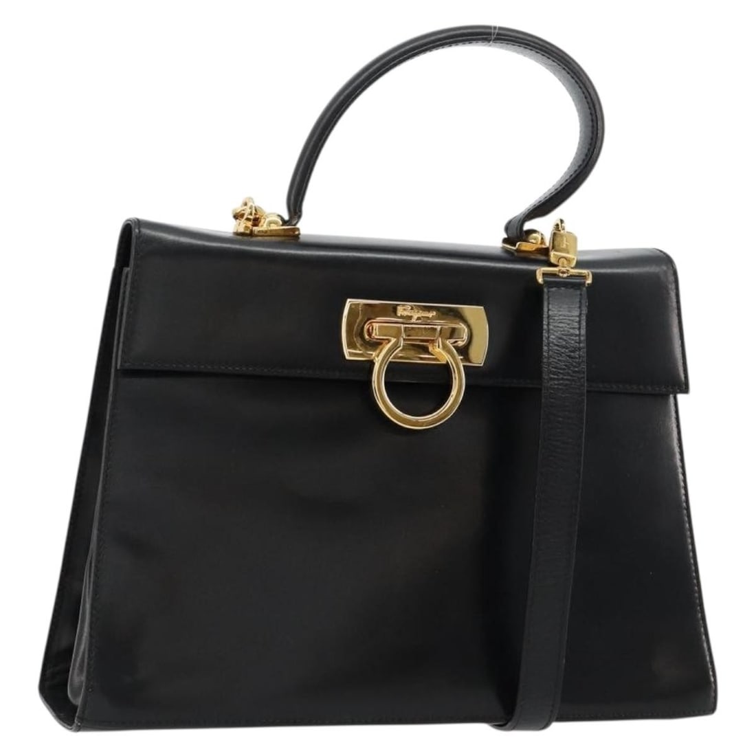Salvatore Ferragamo Gancini Leather 2way Handbag Black with Shoulder Strap: Salvatore Ferragamo Gancini Leather 2way Handbag Black with Shoulder Strap Salvatore Ferragamo Gancini hand bag in leather with a black and gold color scheme. This 2-way style includes a shoulder stra