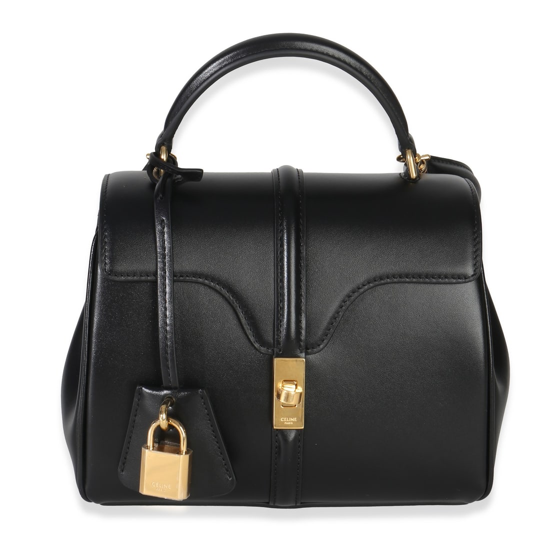 Celine Mini 16 Black Satinated Calfskin Top Handle Bag: Celine Mini 16 Black Satinated Calfskin Top Handle Bag This Celine Mini 16 Top Handle Bag is crafted from black satinated calfskin leather and features a structured silhouette. It offers versatile car