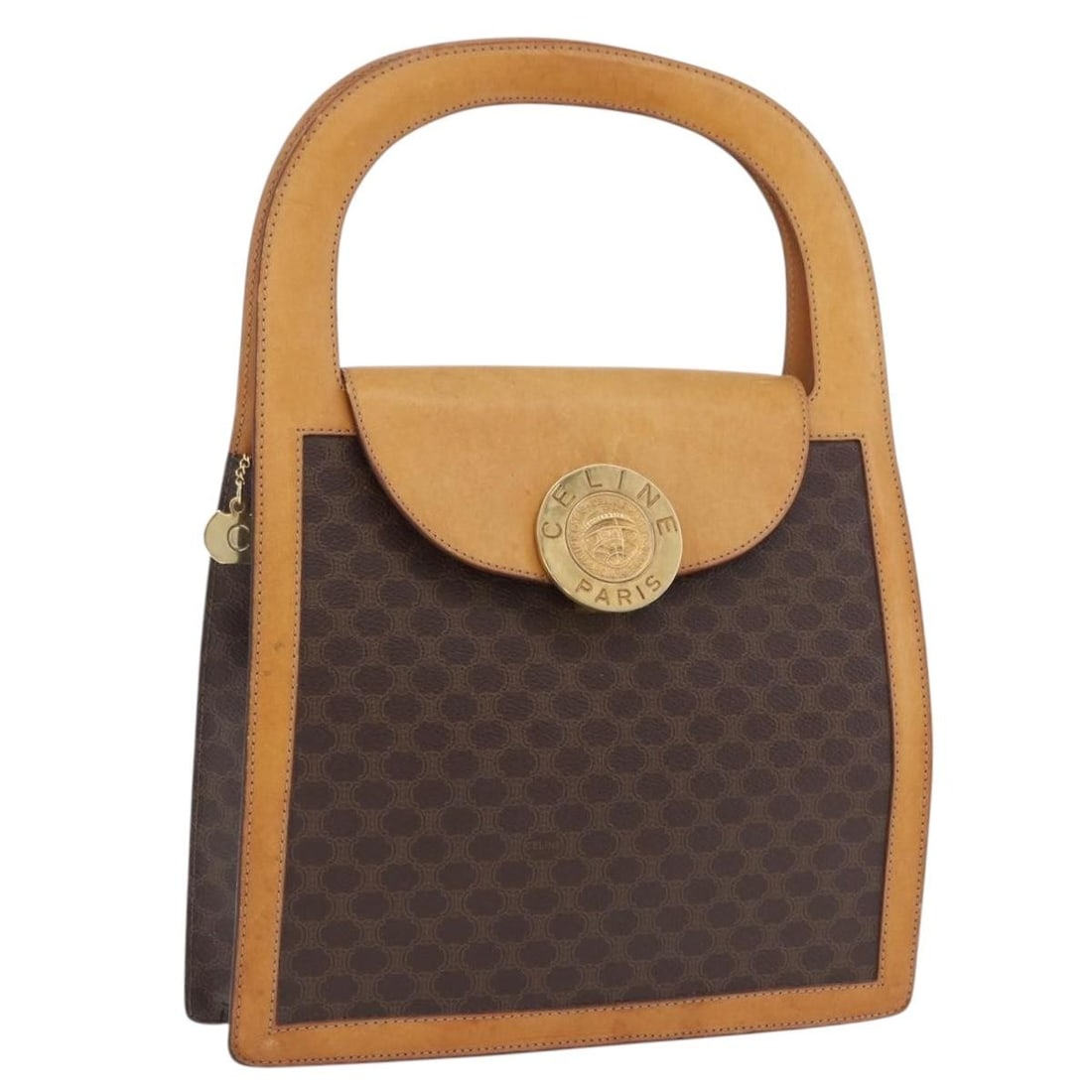 CELINE Medallion Macadam Canvas PVC Leather Handbag Brown Gold: CELINE Medallion Macadam Canvas PVC Leather Handbag Brown Gold A CELINE hand bag crafted from PVC leather and Macadam canvas in brown and gold. Made in Italy, this women's bag measures approximately 2
