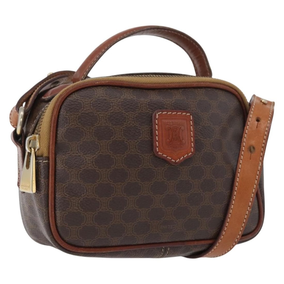 Celine Macadam 2way Brown PVC Leather Handbag with Shoulder Strap: Celine Macadam 2way Brown PVC Leather Handbag with Shoulder Strap A CELINE 2-way handbag in brown and gold, made from PVC leather and Macadam canvas. It comes with a shoulder strap and was made in Ita
