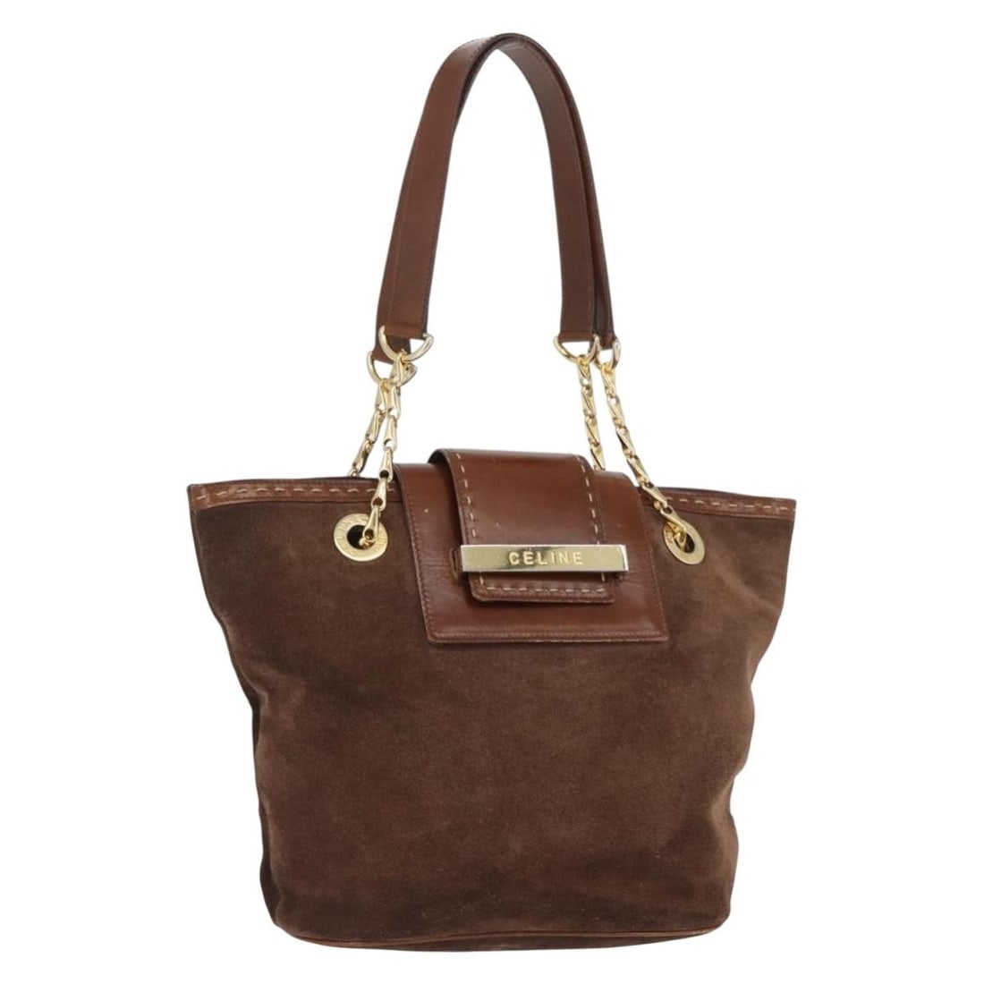CELINE brown suede chain tote bag gold Italy: CELINE brown suede chain tote bag gold Italy This CELINE chain tote bag is crafted from brown suede with gold-tone accents. Designed for women, it features a spacious interior and a sturdy handle with