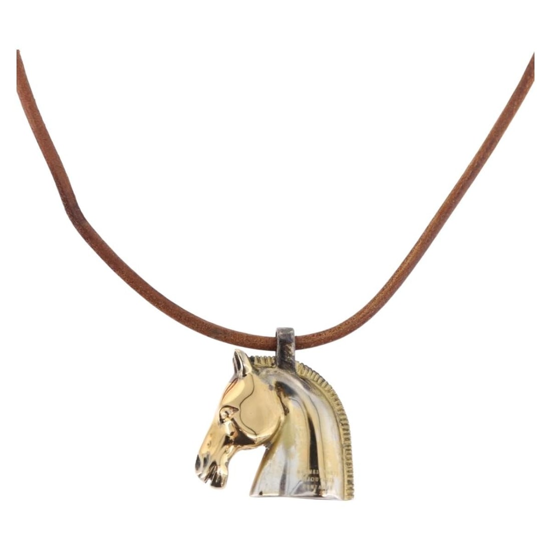 Hermes Shuval Brown Leather Necklace with Box: Hermes Shuval Brown Leather Necklace with Box Hermes Shuval necklace in brown leather, presented as a necklace style accessory with the original item box included. The piece measures approximately 62 
