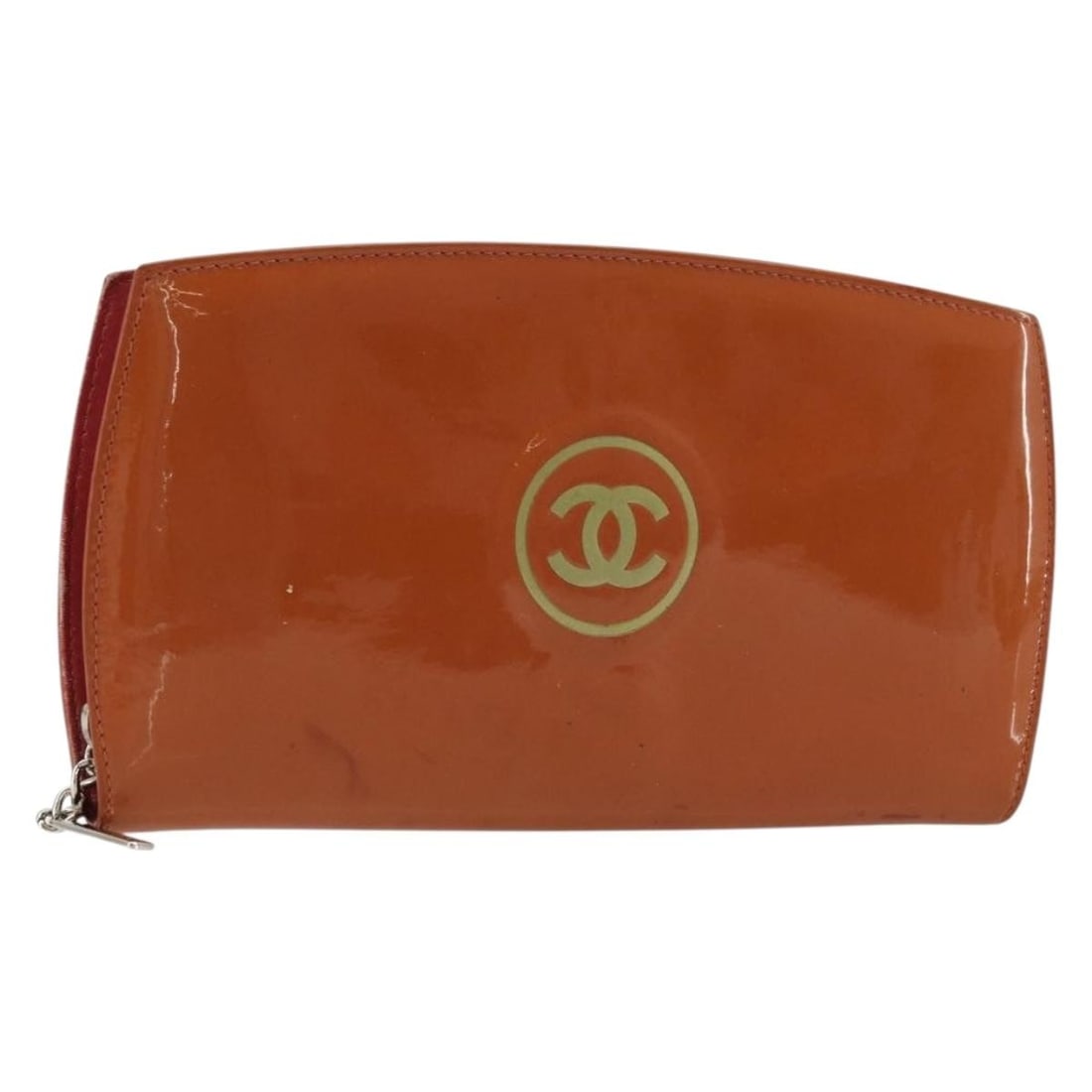 CHANEL orange patent leather long wallet with card: CHANEL orange patent leather long wallet with card This CHANEL long wallet is crafted from orange patent leather and accented with silver-tone hardware, featuring the iconic CC logo. Designed for wome