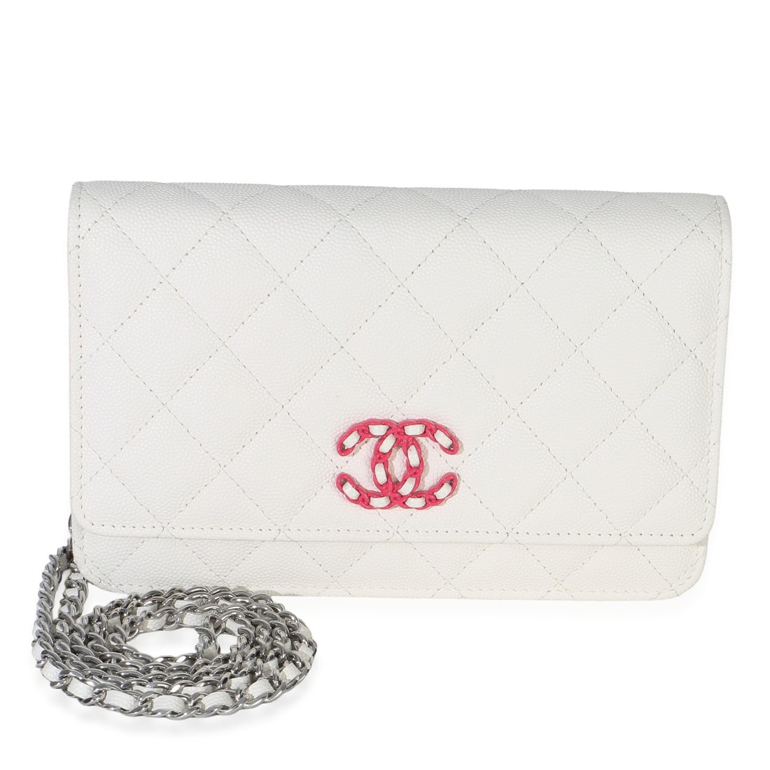 Chanel Wallet On Chain Pink White Quilted Caviar Leather: Chanel Wallet On Chain Pink White Quilted Caviar Leather This Chanel Wallet On Chain features a stylish quilted design in white and pink caviar leather. It is accented with silver-tone hardware and a 