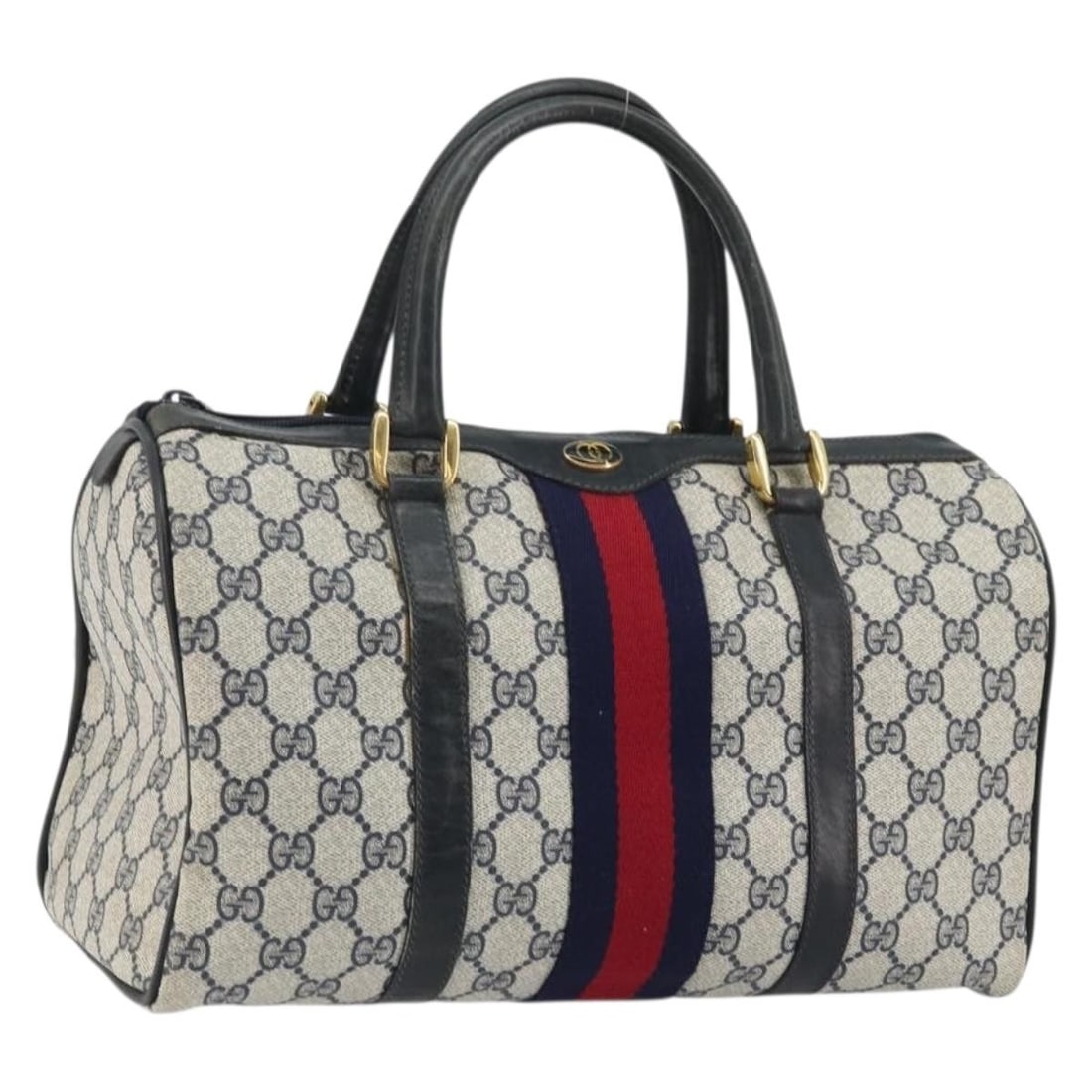 Gucci Sherry Line Boston Bag GG Supreme PVC Leather Navy Gold: Gucci Sherry Line Boston Bag GG Supreme PVC Leather Navy Gold A Gucci Boston bag from the Sherry Line, made in Italy from PVC leather and GG canvas in a navy and gold colorway. The bag measures approx