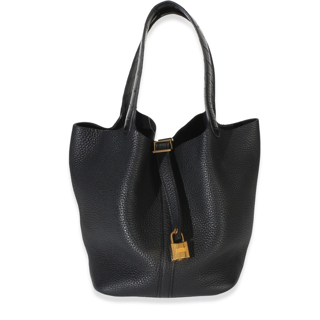 Hermes Picotin Lock 22 Black Clemence Alligator Touch Handbag: Hermes Picotin Lock 22 Black Clemence Alligator Touch Handbag Hermes Picotin Lock 22 handbag in black leather with exotic alligator touch detailing. This top handle design features an open top, black 