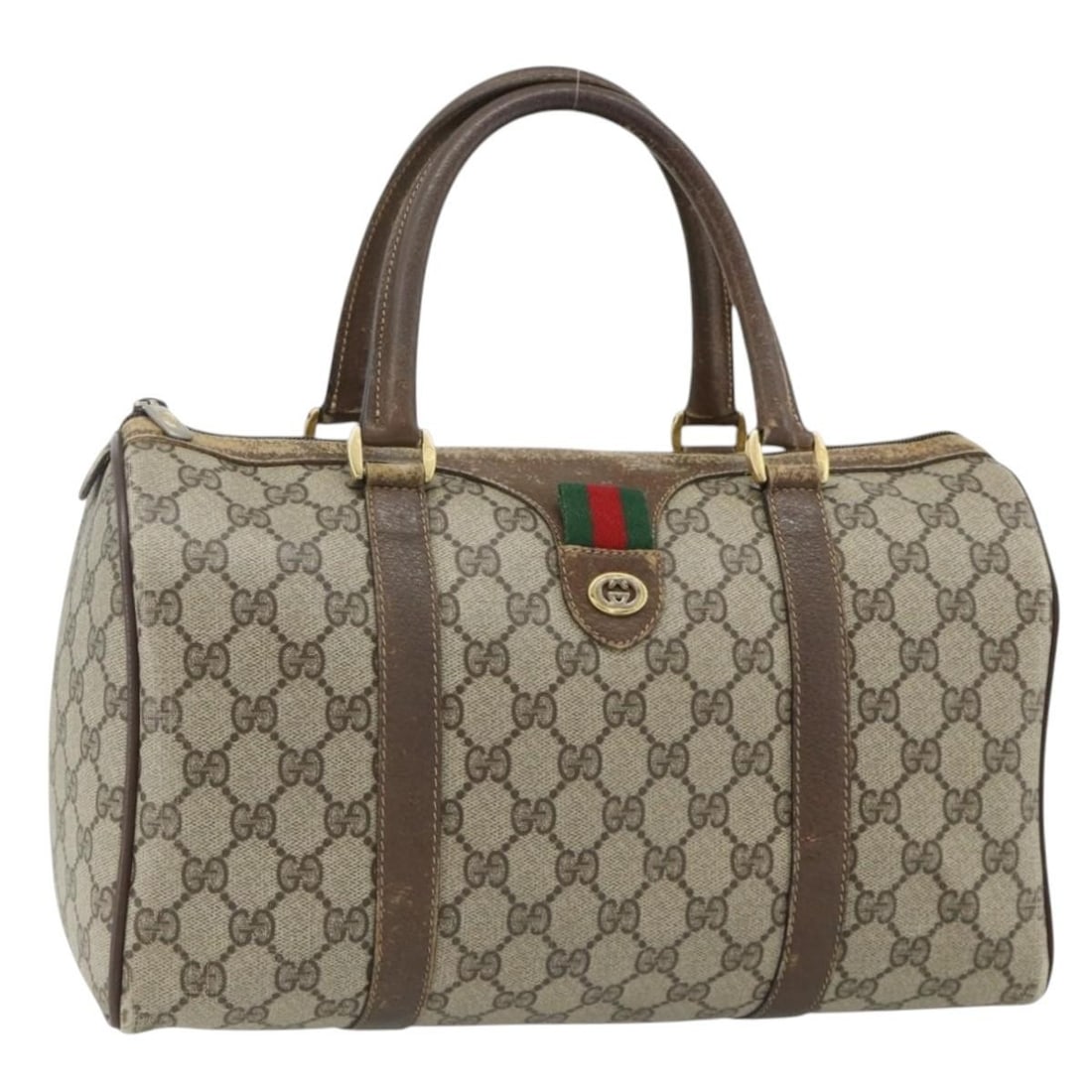 Gucci Sherry Line Boston Bag Beige Red PVC Leather: Gucci Sherry Line Boston Bag Beige Red PVC Leather This GUCCI GG Supreme Web Sherry Line Boston Bag features a beige and red color scheme with the signature GG canvas and PVC leather construction. Des
