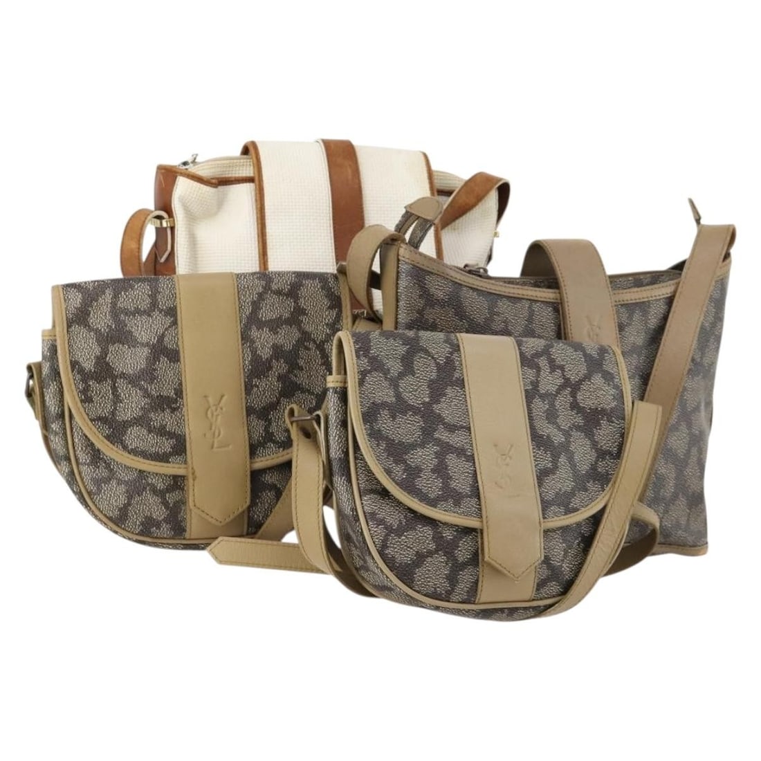 4 Piece Saint Laurent Nylon Shoulder Bag Bundle Gray White: 4 Piece Saint Laurent Nylon Shoulder Bag Bundle Gray White This SAINT LAURENT shoulder bag is a special bundle set in gray and white, made from nylon and produced in Italy. It is offered in heavily us