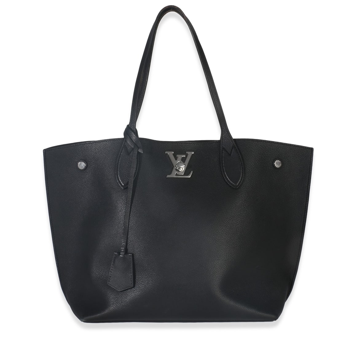 Louis Vuitton Lockme Cabas Black Leather Tote with Clochette Dustbag: Louis Vuitton Lockme Cabas Black Leather Tote with Clochette Dustbag This Louis Vuitton Lockme Cabas Tote features black grained calfskin leather with a structured silhouette and silver-tone hardware.