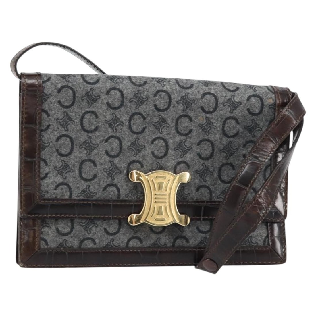 CELINE C Macadam Gray Gold Canvas Shoulder Bag Italy: CELINE C Macadam Gray Gold Canvas Shoulder Bag Italy CELINE C Macadam Canvas Shoulder Bag in gray and gold, made in Italy. This women's shoulder bag features C Macadam canvas exterior material and a s