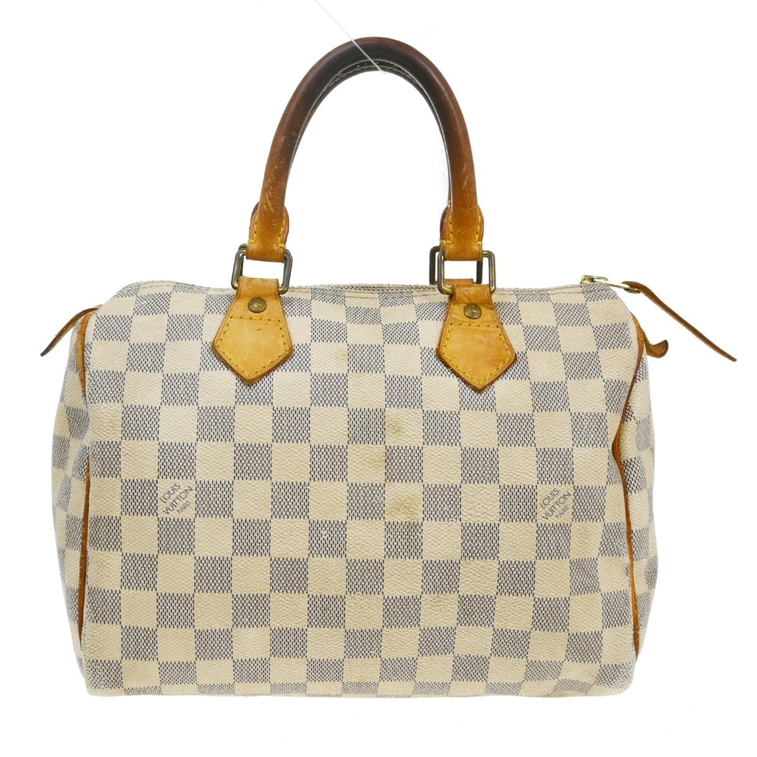 Louis Vuitton Speedy 25 Damier Azur Small Duffle Bag N41534: Louis Vuitton Speedy 25 Damier Azur Small Duffle Bag N41534 Vintage Louis Vuitton Speedy 25 handbag in Damier Azur canvas with leather trim and double handles. This duffle-style handbag features a zip