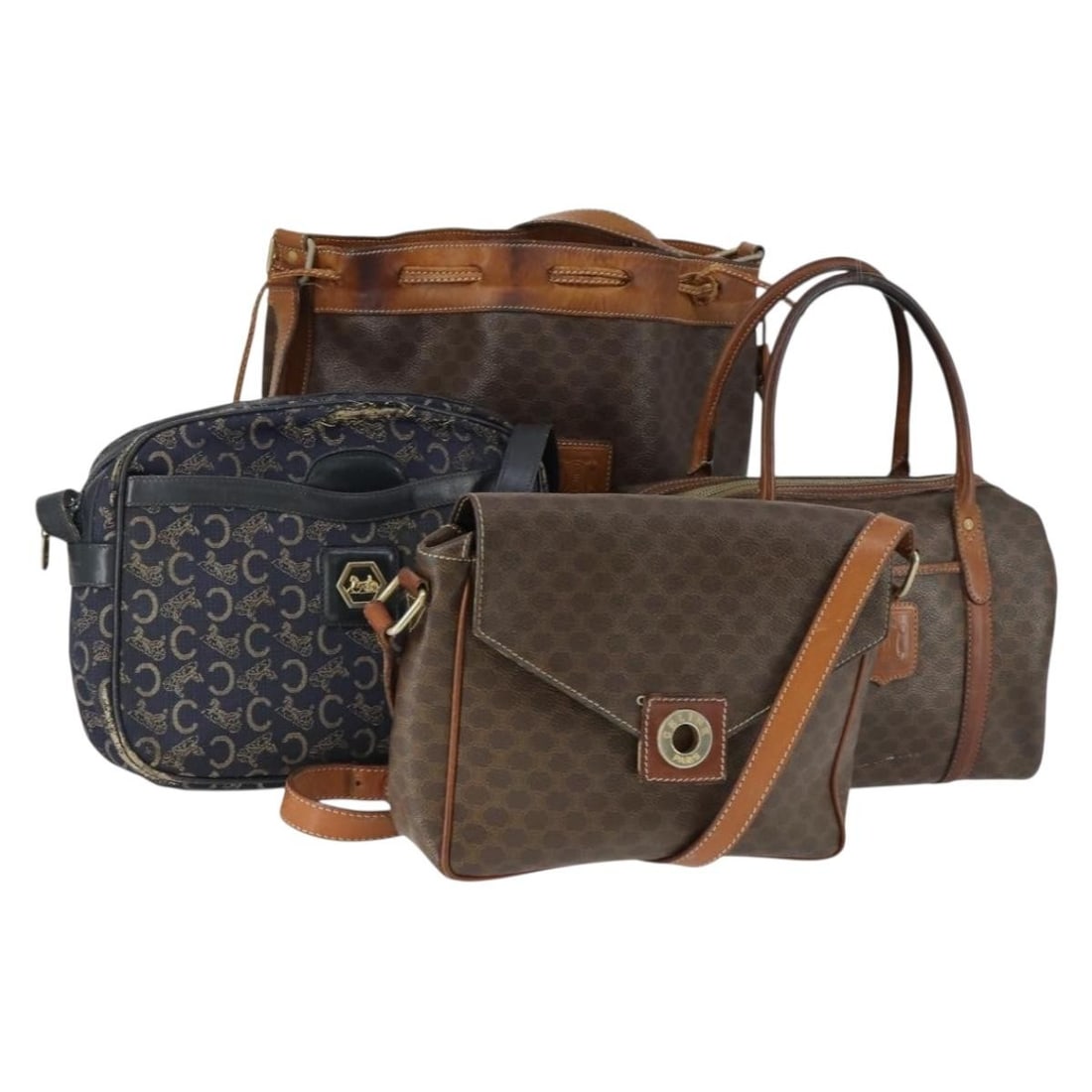 Set of 4 Celine Macadam PVC and Leather Clutch Bags Brown Navy: Set of 4 Celine Macadam PVC and Leather Clutch Bags Brown Navy A CELINE Macadam canvas clutch bag set in brown and navy, made from PVC leather and Macadam canvas. This special bundle offer is in heavi