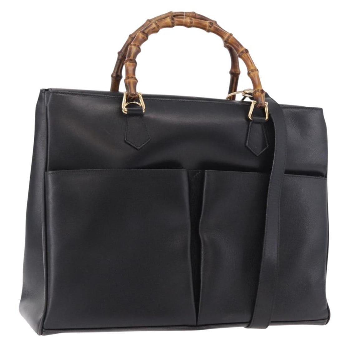 GUCCI 002 2855 0322 0 Leather 2way Bamboo Handbag Black Gold: GUCCI 002 2855 0322 0 Leather 2way Bamboo Handbag Black Gold Gucci bamboo 2-way handbag in black leather with gold-tone accents. This women's bag includes a shoulder strap and can be carried by the ha