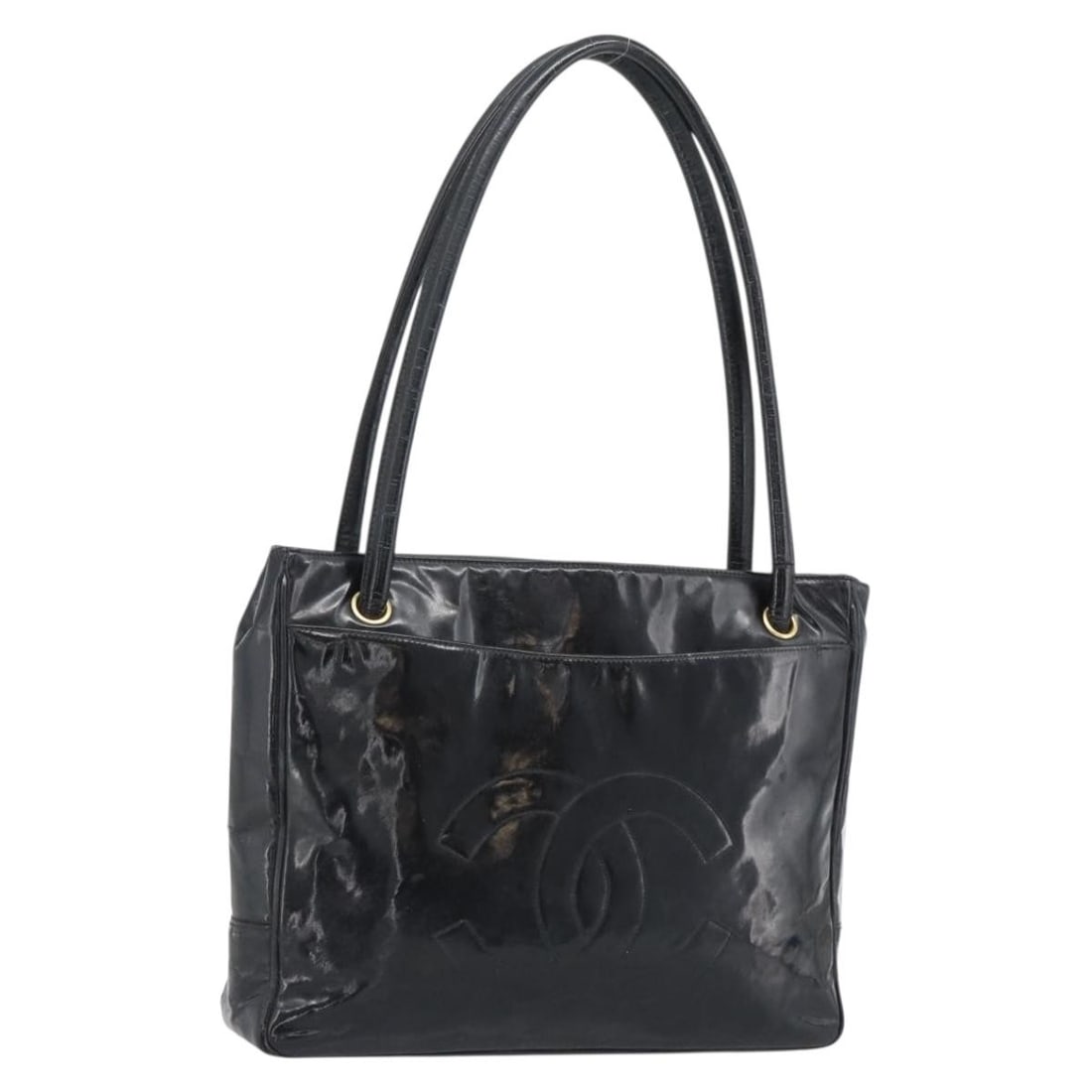 CHANEL Patent Leather Tote Handbag Black with Gold CC: CHANEL Patent Leather Tote Handbag Black with Gold CC CHANEL tote bag in black and gold patent leather, made in Italy. This women's bag features a 12.6 x 9.4 x 2.4 inch profile with a 10.6 inch handle
