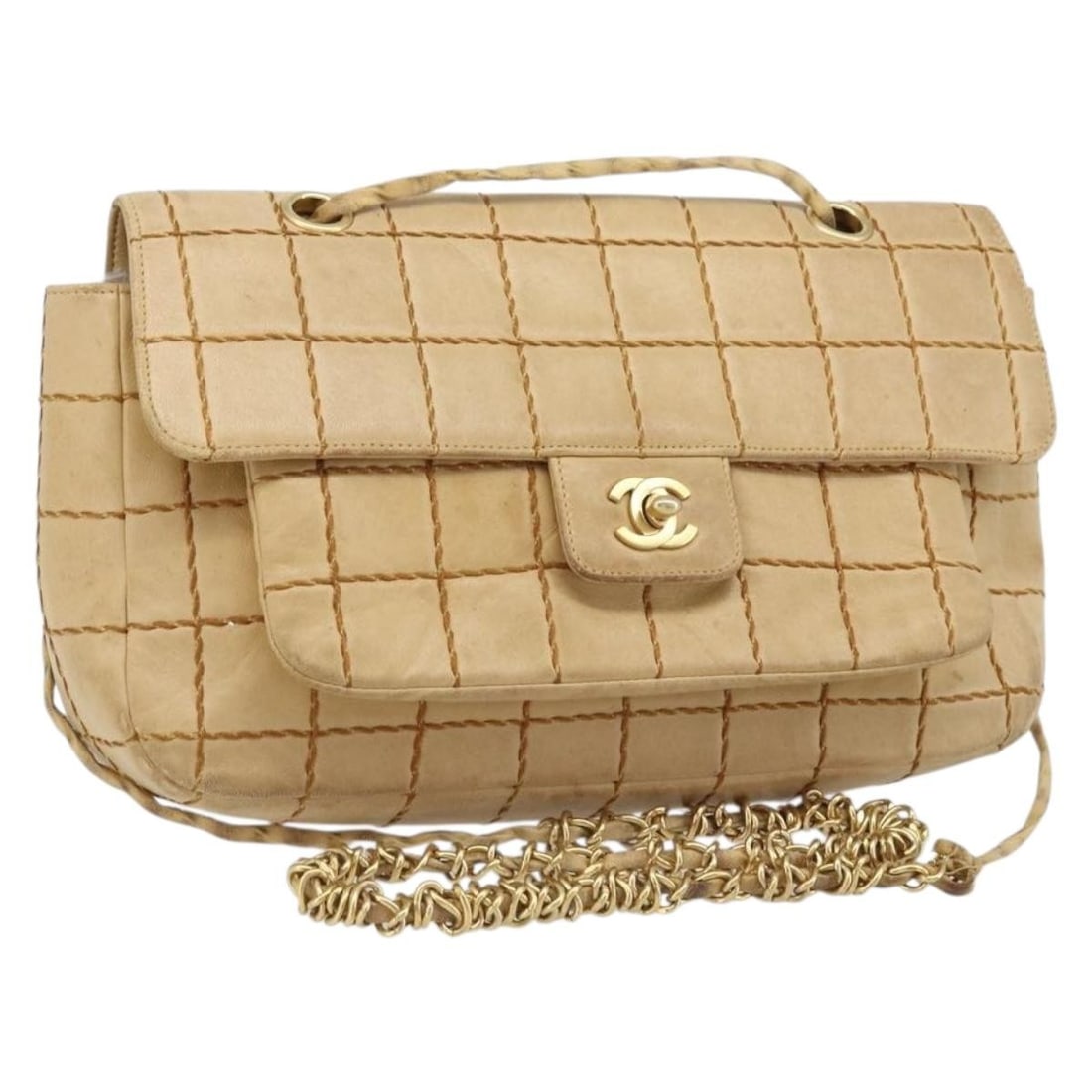 Chanel Wild Stitch Choco Bar Beige Lambskin Shoulder Bag Gold Chain Italy (1 of 18)