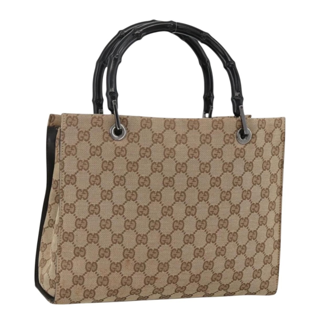 Gucci Bamboo Handle Handbag Beige GG Canvas Nylon Silver Tone 002 1016: Gucci Bamboo Handle Handbag Beige GG Canvas Nylon Silver Tone 002 1016 A Gucci hand bag in beige and silver, made from nylon and GG canvas. It features a structured size of approximately 30 cm W x 23 