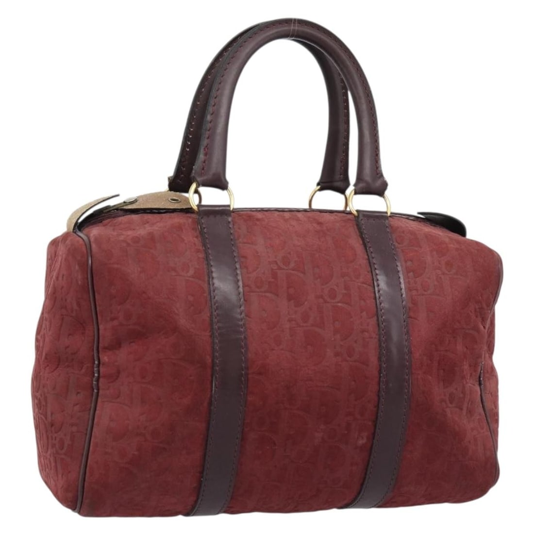 Christian Dior Trotter Boston Bag in Red Suede Canvas: Christian Dior Trotter Boston Bag in Red Suede Canvas Christian Dior Boston bag in red suede and Trotter canvas with gold-tone accents. Made in France, this women's bag has a structured Boston silhoue