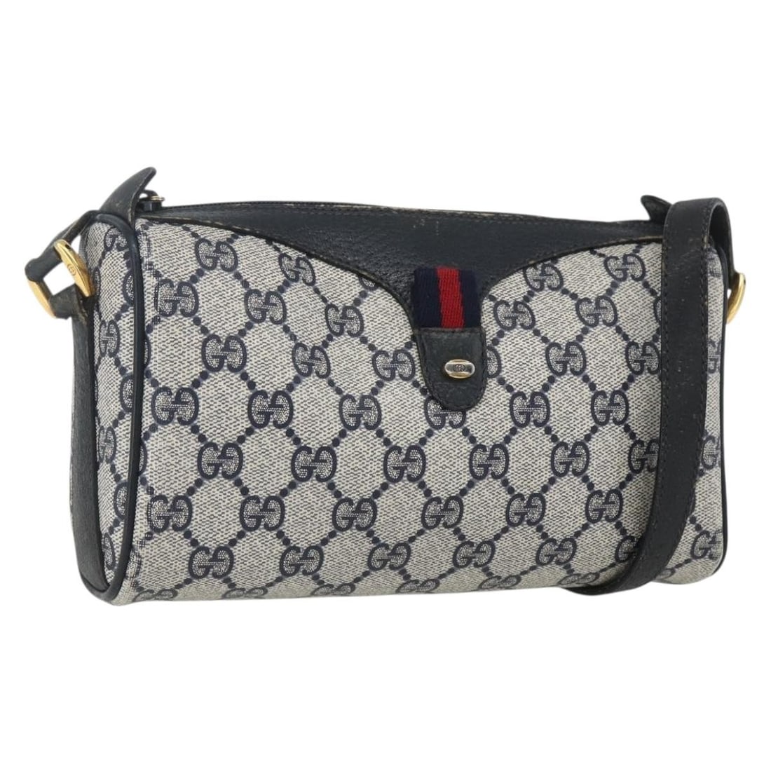Gucci Sherry Line navy gold red PVC leather shoulder bag: Gucci Sherry Line navy gold red PVC leather shoulder bag This is a Gucci GG Supreme Sherry Line shoulder bag crafted from PVC leather and GG canvas in navy, gold, and red. The bag features an adjustab
