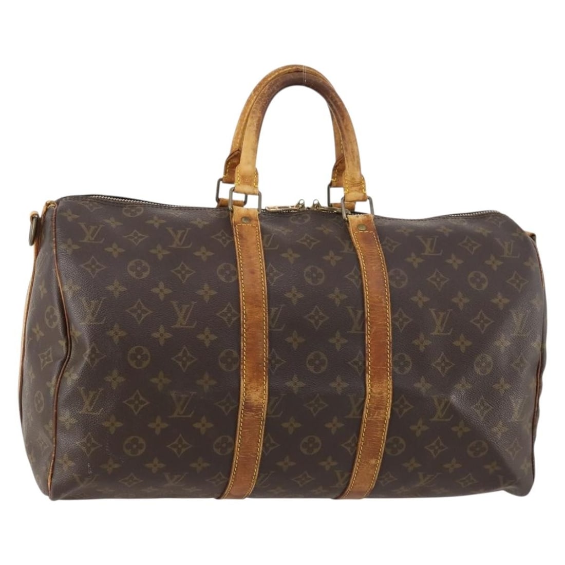 Louis Vuitton M41418 Keepall 45 Monogram Canvas Boston Bag: Louis Vuitton M41418 Keepall 45 Monogram Canvas Boston Bag Louis Vuitton Monogram Keepall Bandouliere 45 Boston bag in Monogram canvas, made in France. This heavily used bag shows noticeable wear thro