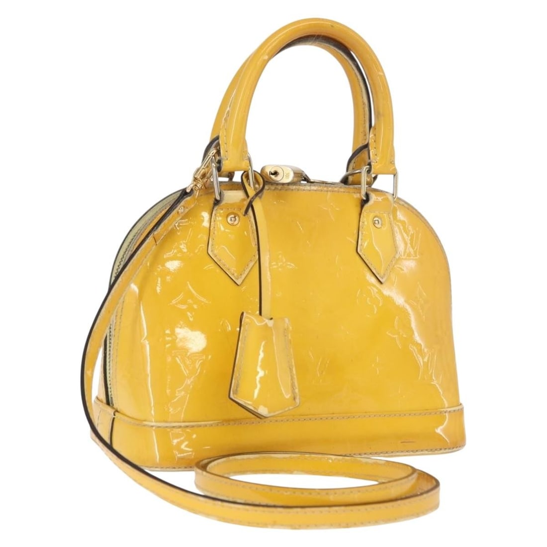 Louis Vuitton Alma PM Citrin Monogram Vernis Patent Leather Handbag with Strap: Louis Vuitton Alma PM Citrin Monogram Vernis Patent Leather Handbag with Strap This Louis Vuitton Monogram Vernis Alma PM handbag in Citrin patent leather features a structured silhouette and is desig