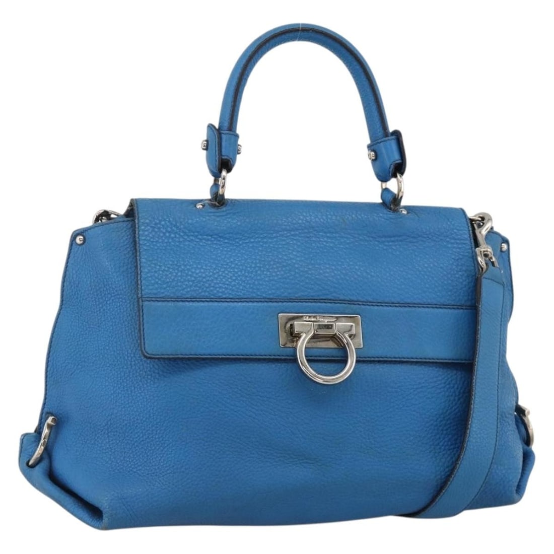 Salvatore Ferragamo Sofia Gancini Blue Leather Convertible Handbag with Shoulder Strap: Salvatore Ferragamo Sofia Gancini Blue Leather Convertible Handbag with Shoulder Strap This Salvatore Ferragamo Gancini Sofia 2-way handbag features a blue and silver leather exterior with silver-tone