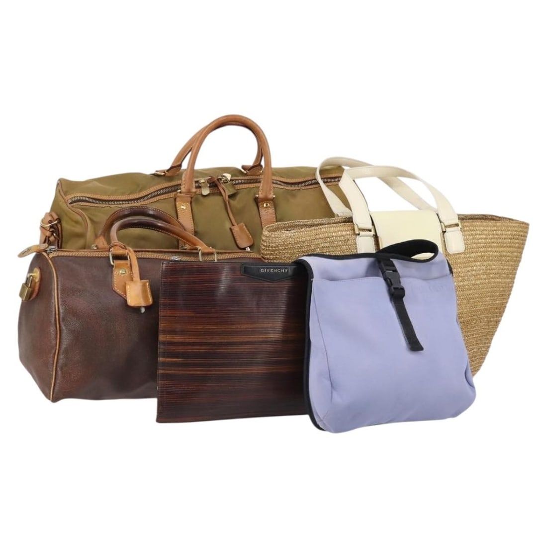 Set of 5 Beige Black Nylon Hand Bags Jimmy Choo Miu Miu Etro Givenchy: Set of 5 Beige Black Nylon Hand Bags Jimmy Choo Miu Miu Etro Givenchy A beige and black Jimmy Choo handbag made of nylon. The item is described as heavily used, with visible wear including out-of-shap
