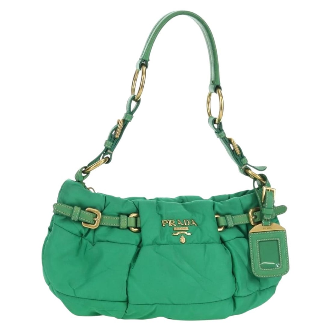 Prada green nylon women s shoulder bag with name tag Italy: Prada green nylon women s shoulder bag with name tag Italy This PRADA shoulder bag is crafted from green and gold nylon and features a practical design with a name tag accessory. Made in Italy, the ba