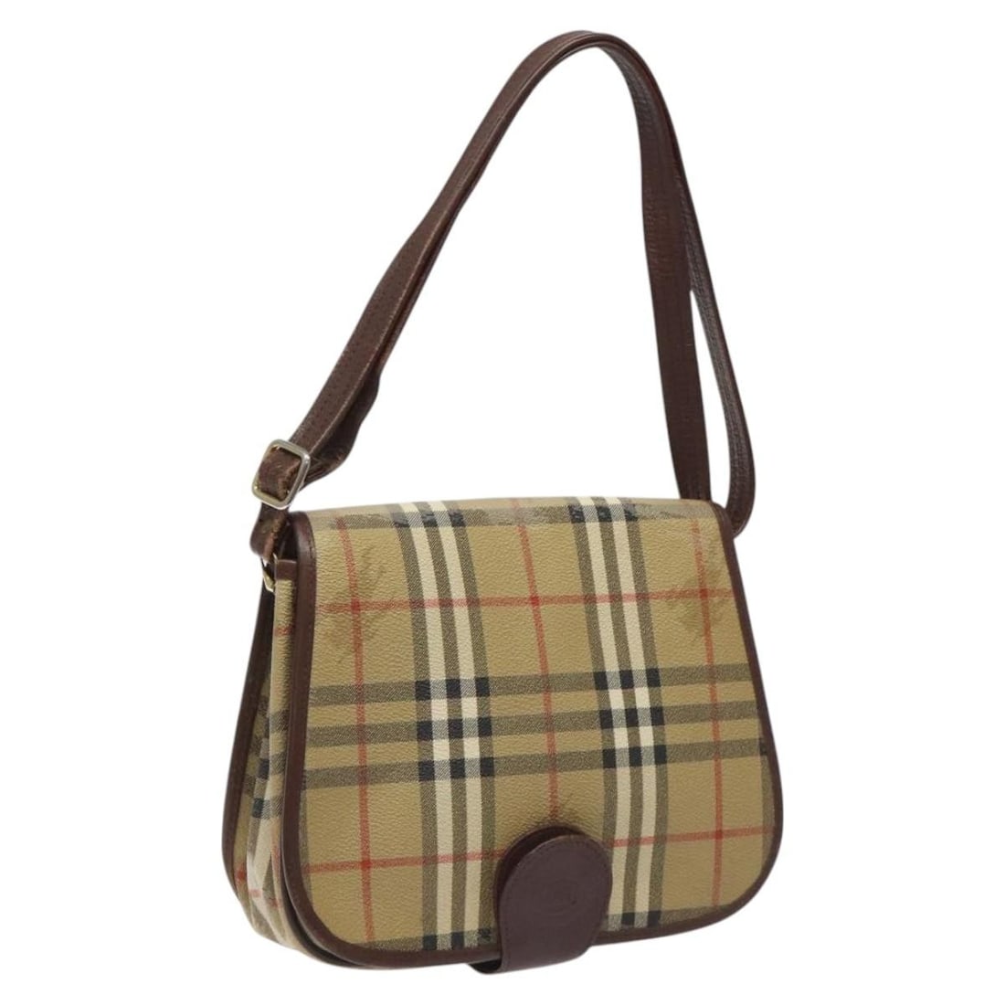 Burberrys Beige Brown PVC Leather Shoulder Bag Made in England: Burberrys Beige Brown PVC Leather Shoulder Bag Made in England A Burberrys shoulder bag in beige, brown, and gold PVC leather, made in England. It measures approximately 26 cm wide, 18 cm high, and 7 